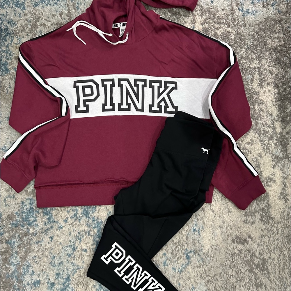 VS PINK Burgundy Hoodie and Black Leggings Set